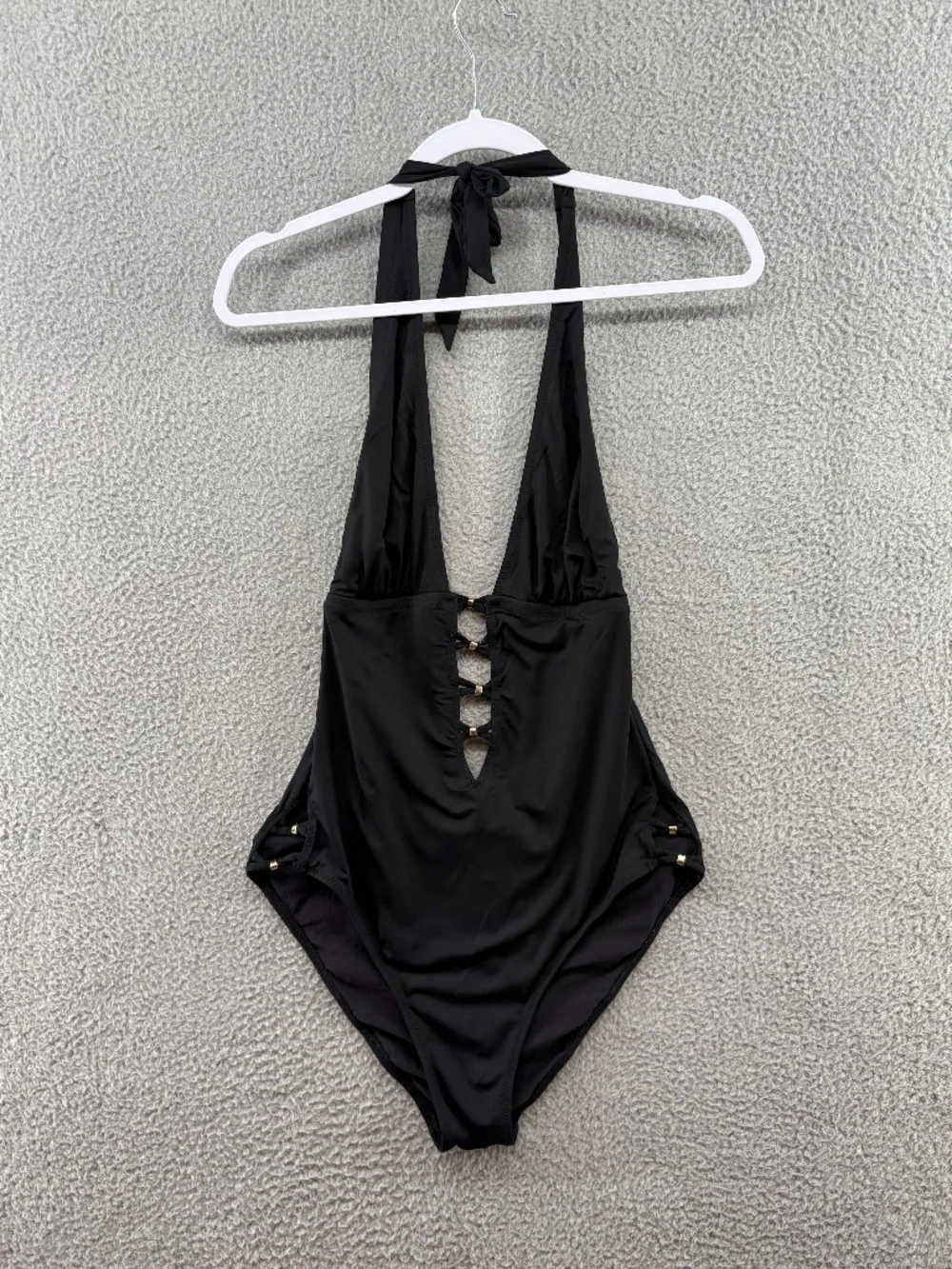 MW by Matthew Williamson Black Halter One Piece Swimsuit Plunge Cutout Gold Hard - Picture 3 of 11